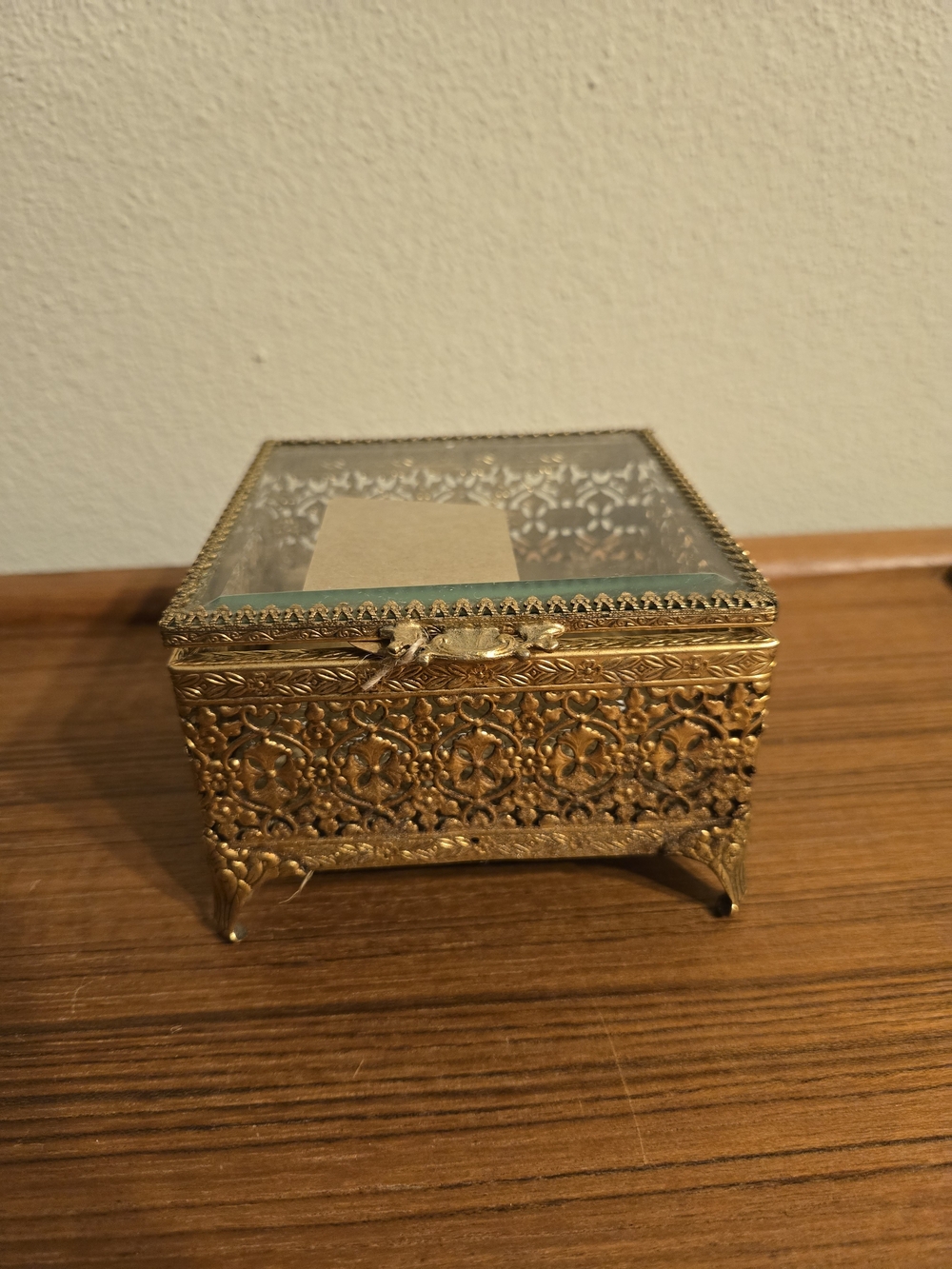 Ornate Gold Tone Filigree Metal Trinket Box w/ Glass Hinged Lid, Footed